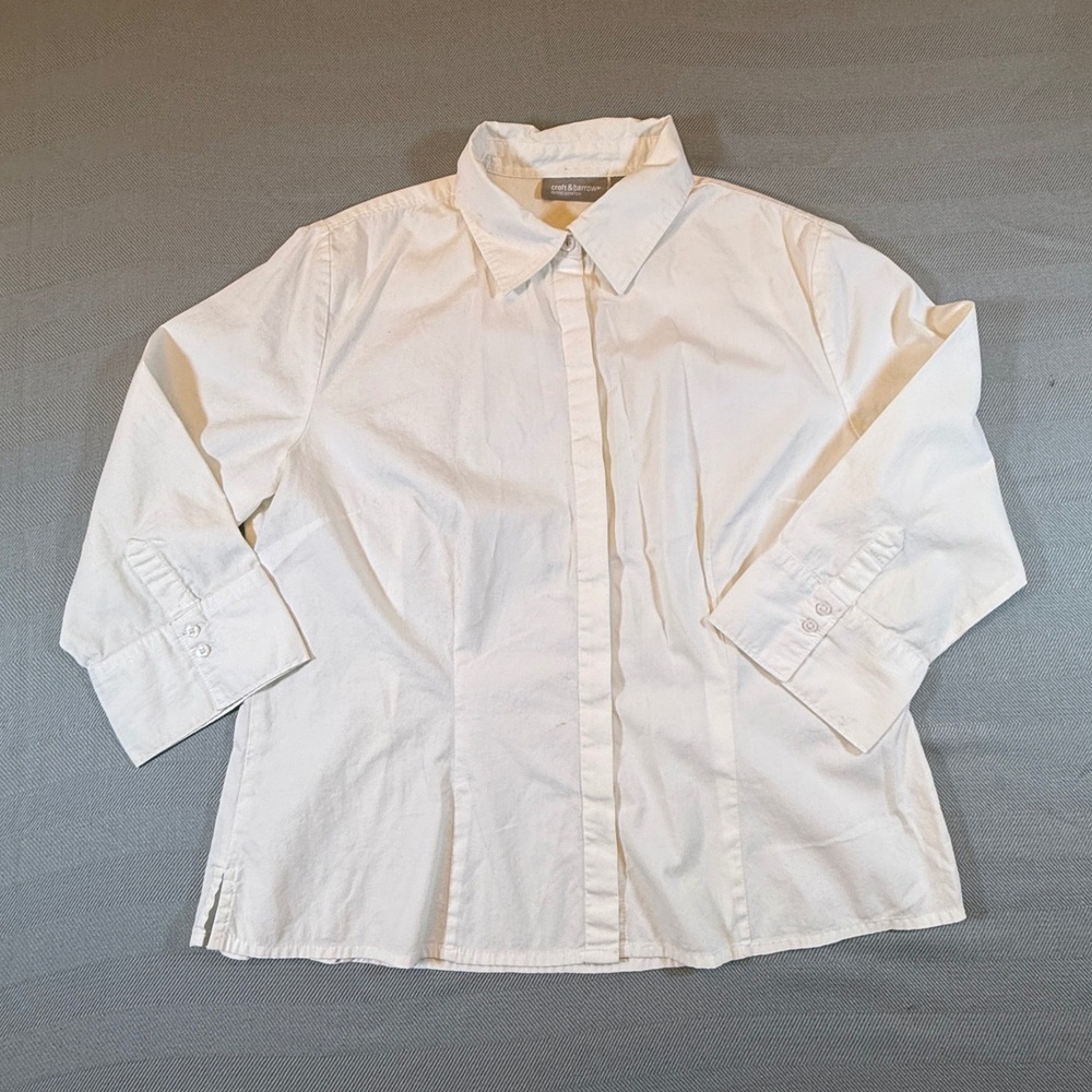 Croft & Barrow Petite Stretch White Button Down Shirt 3/4 Sleeve PM 2478